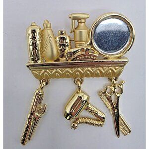 Danecraft Beautician Hair Dresser Brooch Gold Tone Salon Mirror Charms VTG